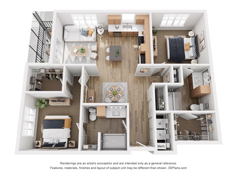 Floor plan for 2 beds, 2 baths, 1091 sqft